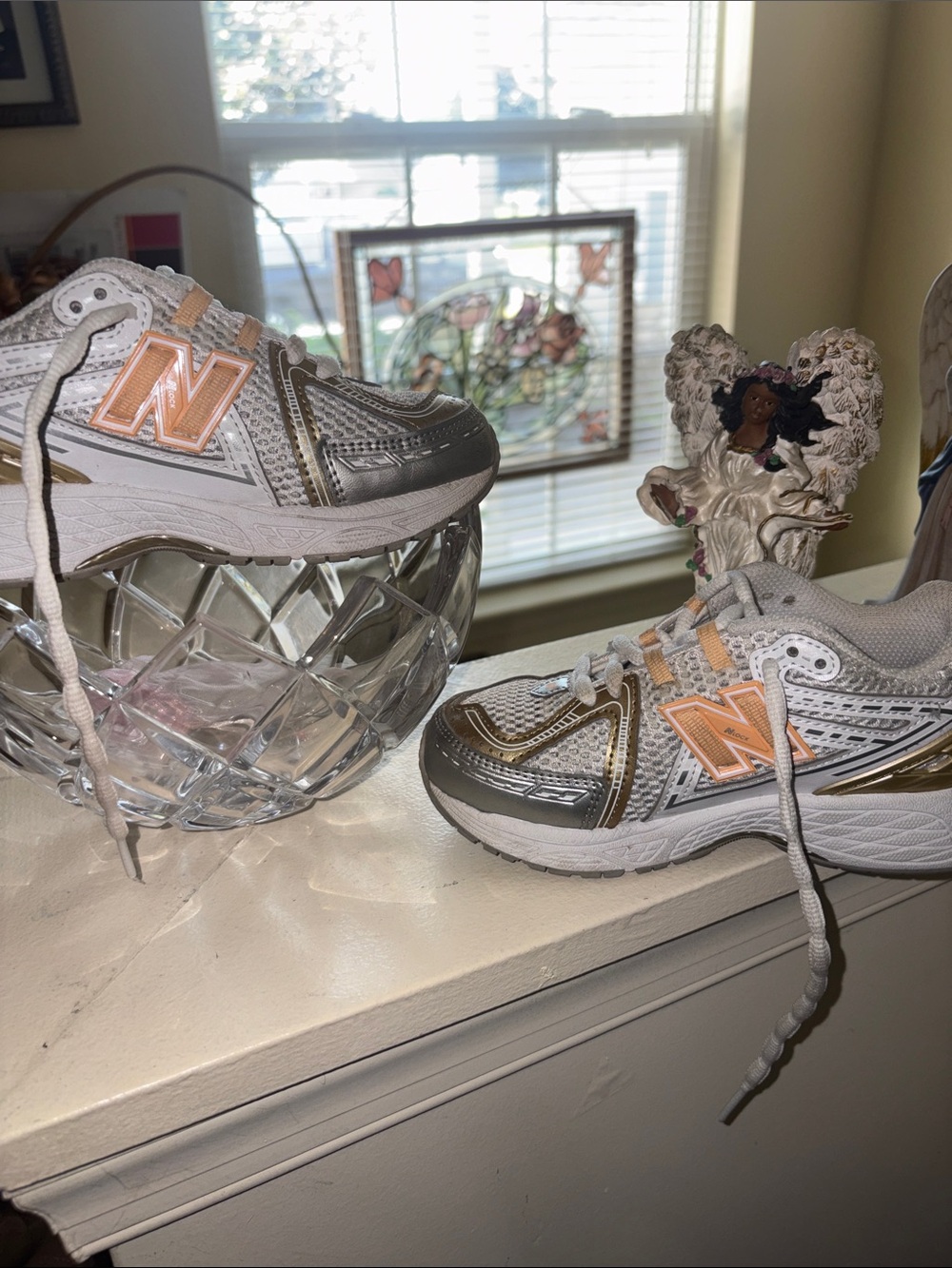 New Balance White with Rose Gold Accent Athletic Sneakers